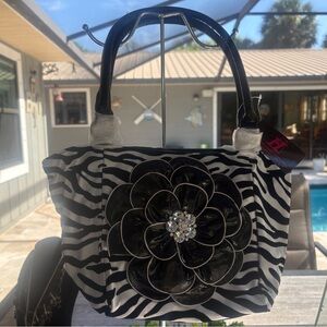 NWT, Zebra Print Women's Bag with Black Rosette Floral Accent